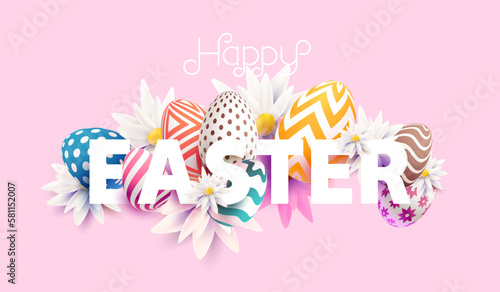 Bright Easter design. White letters with colored eggs and spring flowers. Colorful holiday banner.