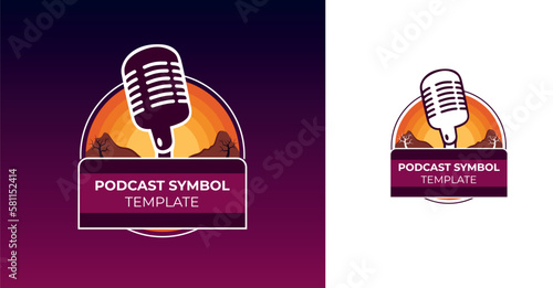 Podcast logo template with microphone and desert sunset in warm colors