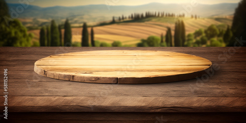 An empty wooden table for product display. blurred french vineyard in the background. Generative ai