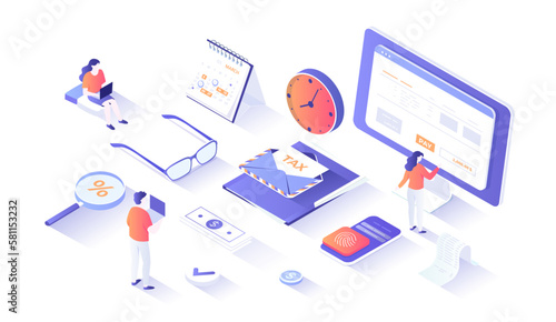 Tax payment. Online Tax form filling, return. Calculating payment check. Finance budget planning and accounting. Isometry illustration with people scene for web graphic.