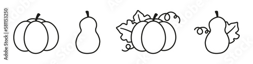 Set of outline illustration of pumpkin and squash for Halloween or Thanksgiving. Can be used for kids coloring pages. Autumn clipart. Isolated vector on white background.