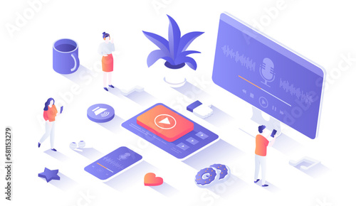 Podcast concept. Listening to audio show, blog, radio, online training. Playlist on tablet, phone, monitor, headphones. Isometry illustration with people scene for web graphic.