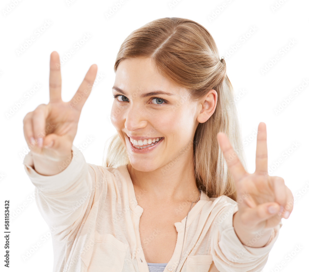 Double the positivity. Studio portrait of a positive-looking young woman give the peace sign with both hands. Double the positivity. Studio portrait of a positive-looking young woman give the peace sign with both hands.