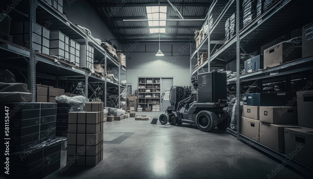A photo of a large industrial warehouse with tall racks and forklifts moving goods around A photo of a large industrial warehouse with tall racks and forklifts moving goods around