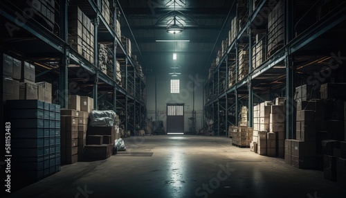 A photo of the inventory area in an industrial warehouse, where products are stored and tracked using sophisticated software