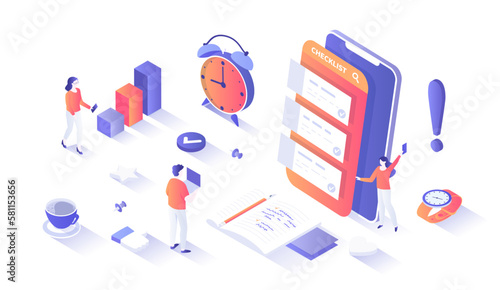 Checklist on smartphone screen. Task manager app. List of purchases, tasks, plans, to do, wish list. Isometry illustration with people scene for web graphic.
