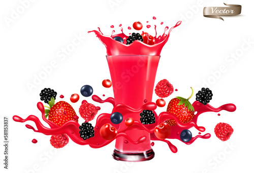 Red berry juice splash wave. Whole and sliced strawberry, raspberry, cherry, blueberry  in a sweet syrup wave with splashes and glass with juice isolated on transparent background. Vector.