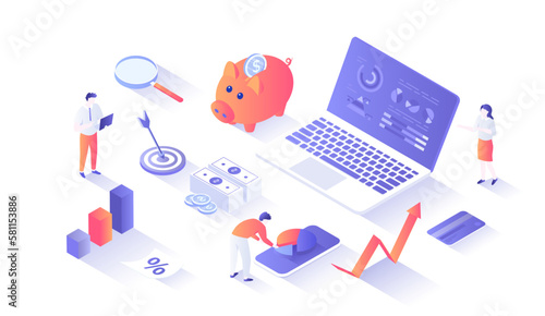 Financial savings management. Cost optimization, analysis and planning. Strategic distribution of business resources. Isometry illustration with people scene for web graphic.
