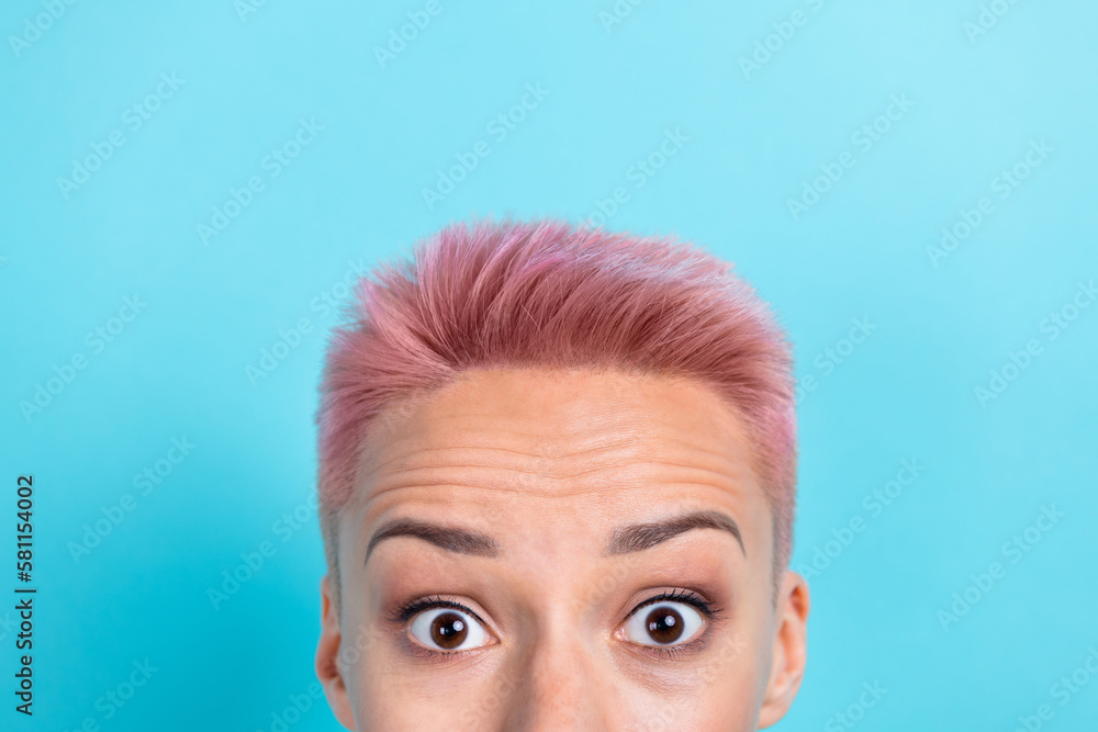 Cropped photo of young surprised funny girl shocked dyed pink hairstyle advertisement new shampoo lotion isolated on aquamarine color background - obrazy, fototapety, plakaty 
