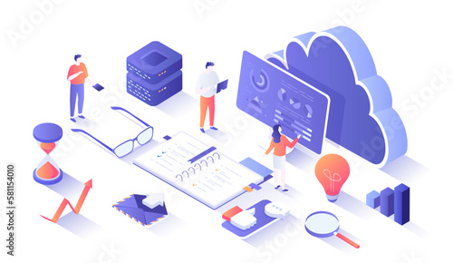 Data reporting, analysis, analytics, auditing. Data monitoring and marketing. Graphs and charts on the monitor screen. Isometry illustration with people scene for web graphic.