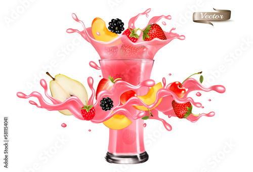 Fresh fruit juice splash wave. Whole and sliced strawberry, raspberry, cherry, pear, peach in a sweet syrup wave with splashes and glass with juice isolated on transparent background. Vector.