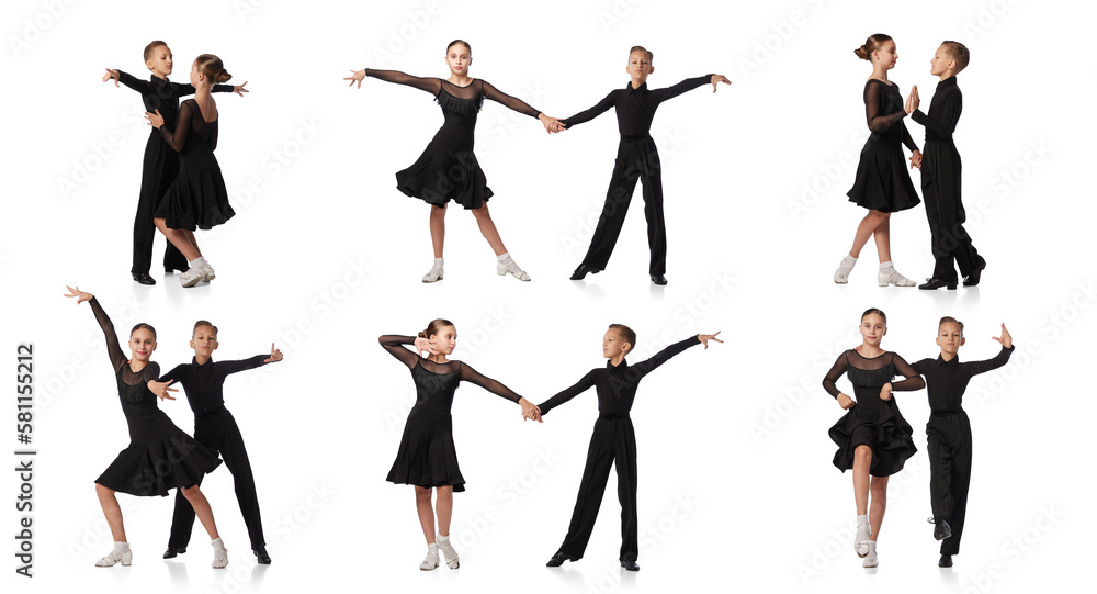 Collage. Two kids, girl and boy in black stage costumes dancing ballroom dance isolated on white background. Performance. Art of movements, classical dance, retro fashion, culture, childhood concept - obrazy, fototapety, plakaty 