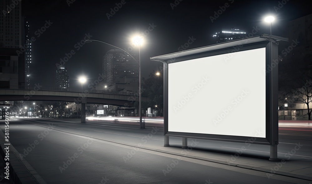 Black Billboard Mockup on Street at Night. Generative AI. 