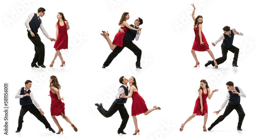 Collage. Beautiful girl and stylish man in vintage retro style outfits dancing isolated on white background. Concept of art of movements  classical dance  retro fashion  culture and lifestyle