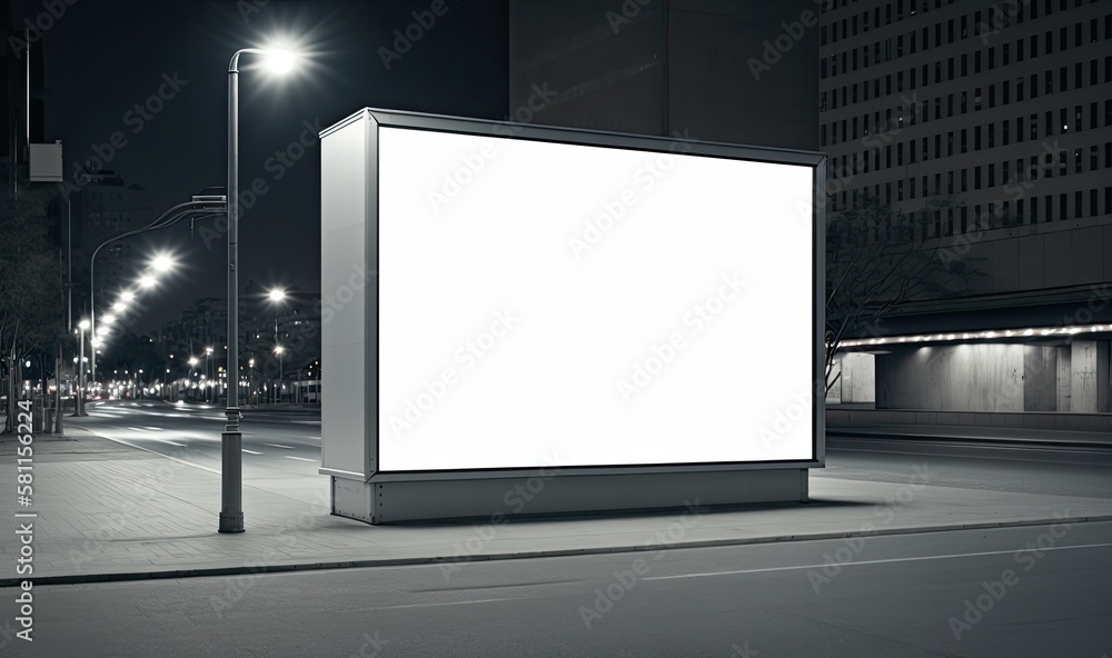 Black Billboard Mockup on Street at Night. Generative AI. 