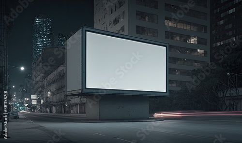 Black Billboard Mockup on Street at Night. Generative AI.  © Moonlight Graphics