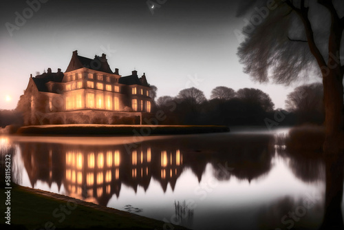 An evening at a grand, historic building surrounded by trees and reflected in the still waters of a lake in a smooth blurry illustration, made with generative ai © Frank