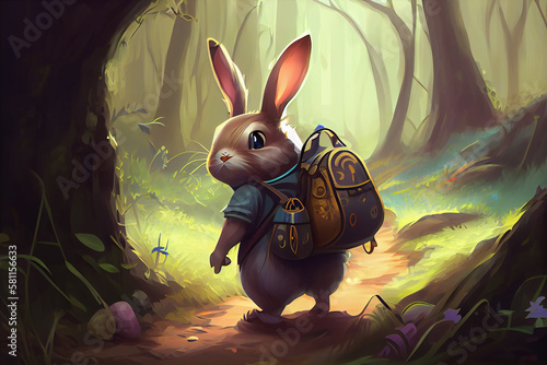 dibujo de conejo andando por un bosque con una mochila a sus espaldas