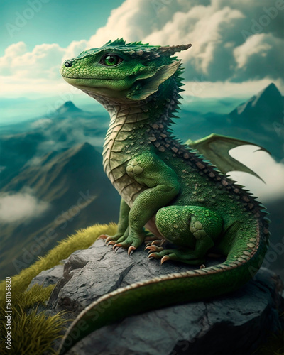 Green dragon on the top of the mountain against the backdrop of blacks and mountains.Generative AI technology. © Екатерина Якубович
