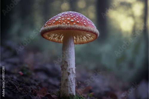 Magical fantasy mushrooms in enchanted fairy tale dreamy elf forest with fabulous fairytale blooming pink rose flower garden on mysterious background GENERATIVE AI