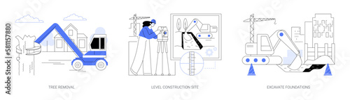 Excavation works at construction site abstract concept vector illustrations.
