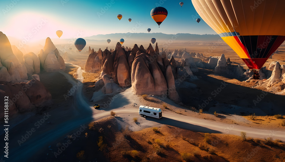 Obraz premium Tourists vacation Caravan RV in Cappadocia background hot air balloon with sunset, motorhome car in Turkey Travel. Generation AI