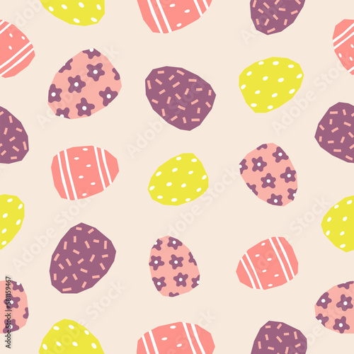 Seamless pattern with Easter decorated eggs. Cutout colorful eggs on pink background.