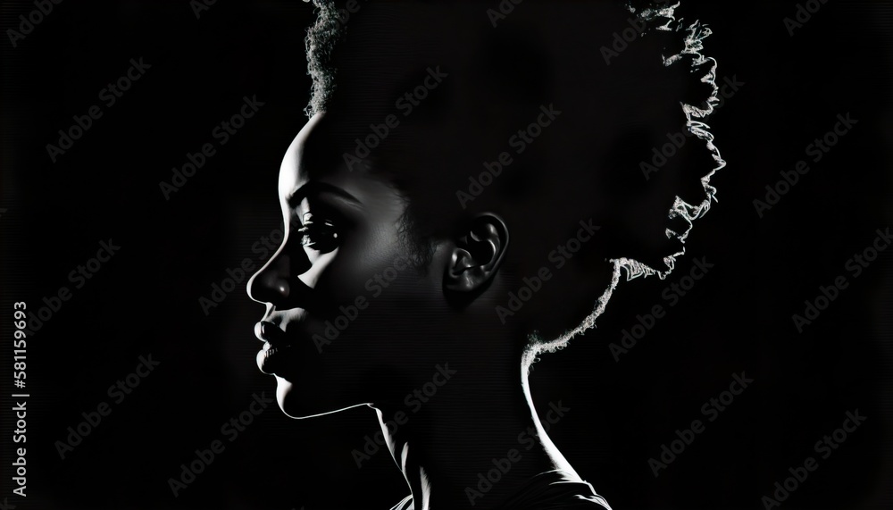 A shadowy profile portrait of a single afro-american person against a black background, watercolor illustration. Ai generative