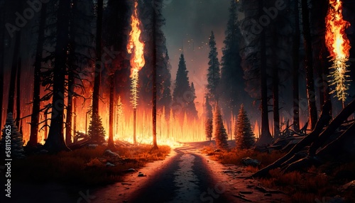 AI picture of burning fire in lush woods © DMegias