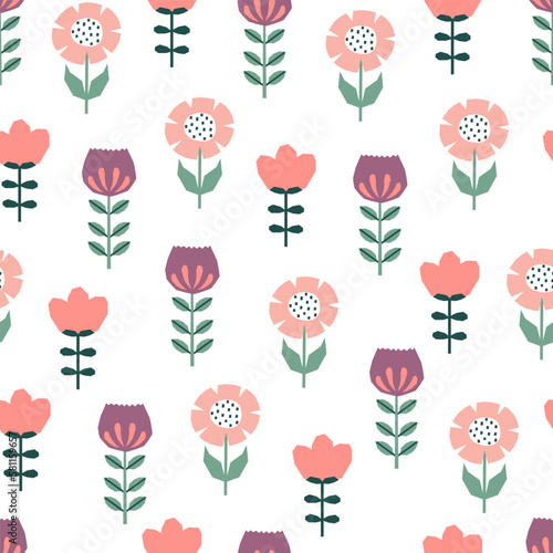 Seamless pattern with hand drawn flowers. Cutout colorful plants on white background.