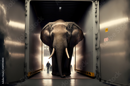 Concept Poachers illegal elephants of exotic animals. Transportation of an elephant in cargo hold of airplane to zoo. Generation AI photo