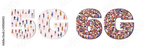 Group of users go from technology 5g to high-speed 6g.  Wi-fi signal quality improvements, speed optimization. New generation of networks with fast internet. Flat vector illustration isolated on white