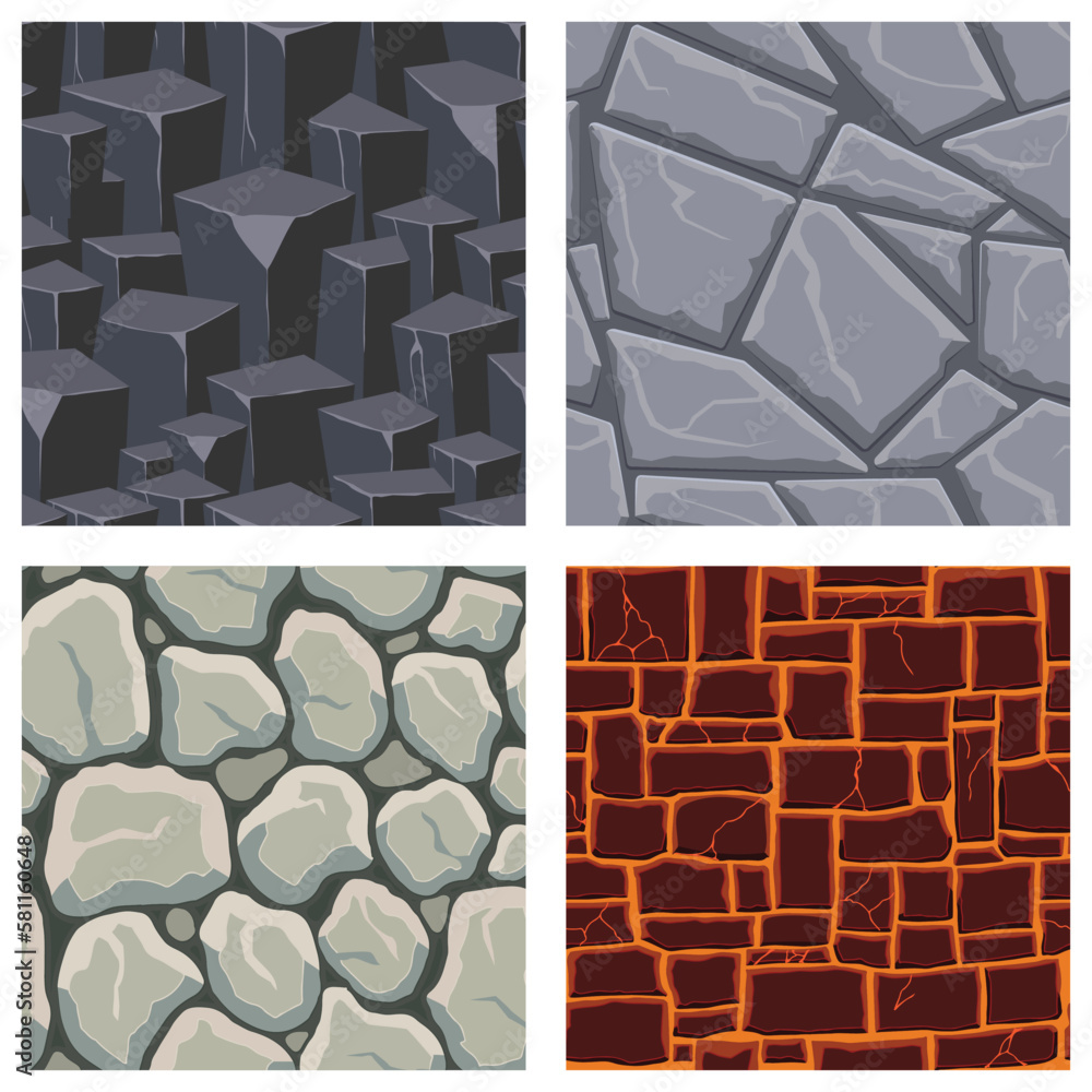 Cartoon game textures, lava, rocks and brick, dirt and ground surface seamless patterns. Game assets walls and environment backgrounds