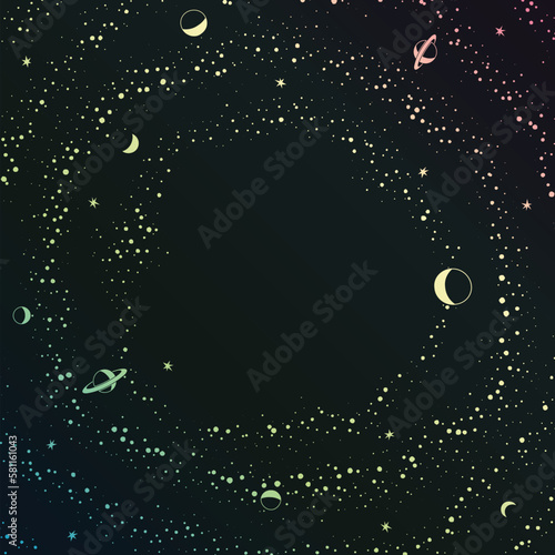Retro futuristic frame with space, stars and planets