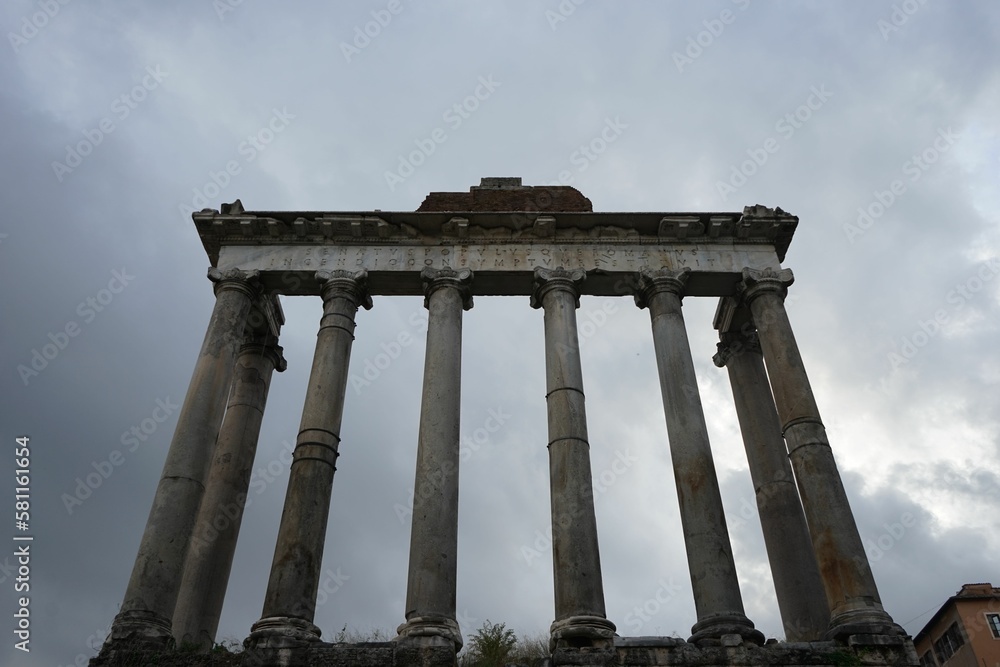 Low angle shot of the Roman Forum against a cloudy sky in Rome, Italy