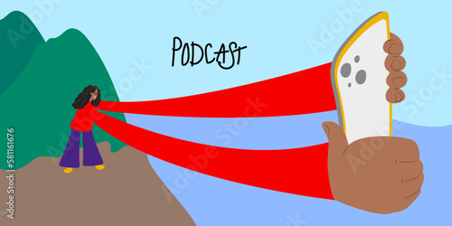 Young cheerful girl holding smart phone and taking picture of herself in the wild nature. Popular blogger influencer making selfie in the mountains, shooting video story. Social media concept.