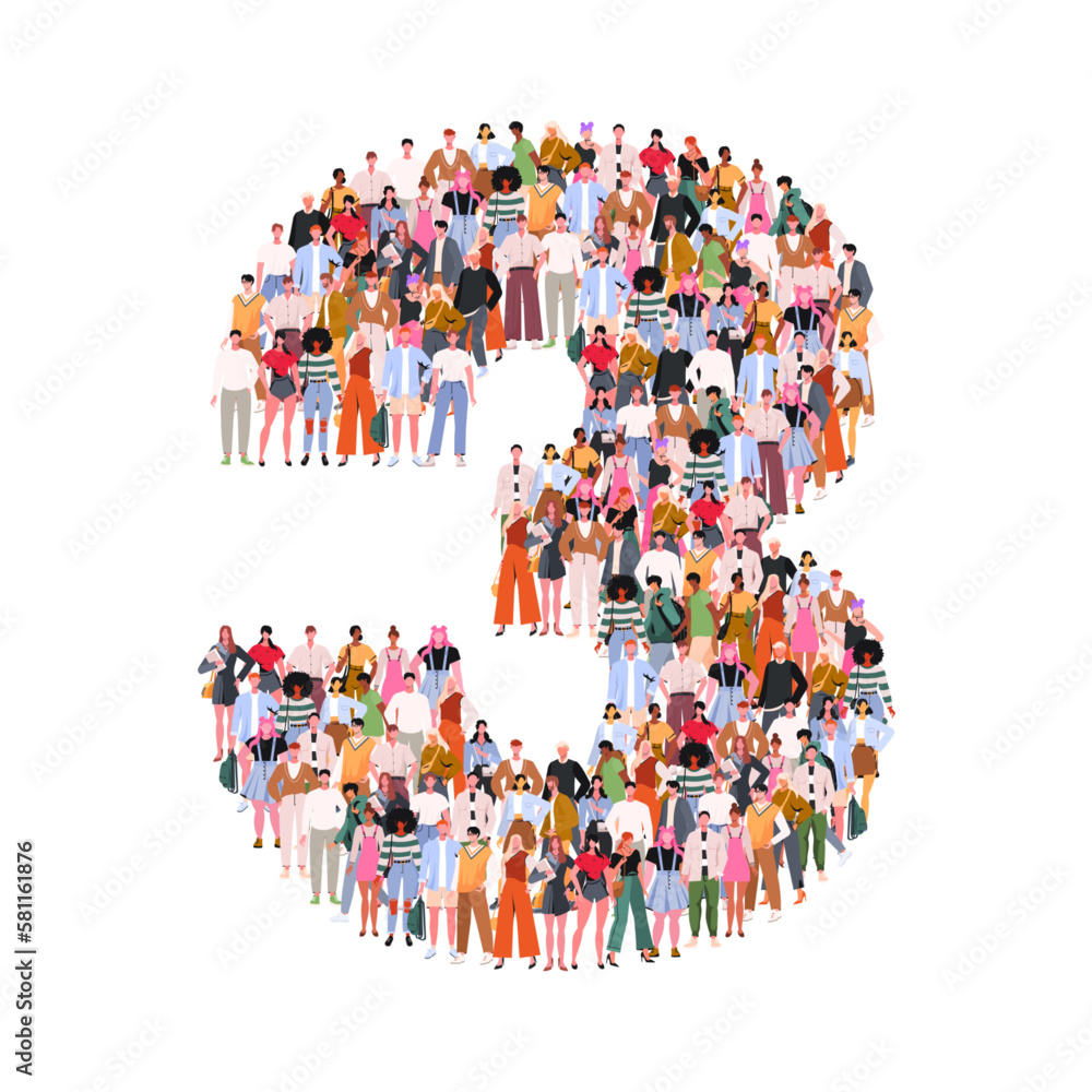 Large group of people in number 3 three form. Numbers made of people. A crowd of male and female characters. Flat vector illustration isolated on white background. Large group of people in number 3 three form. Numbers made of people. A crowd of male and female characters. Flat vector illustration isolated on white background.