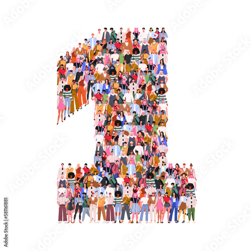 Large group of people in number 1 one form. Numbers made of people. A crowd of male and female characters. Flat vector illustration isolated on white background.