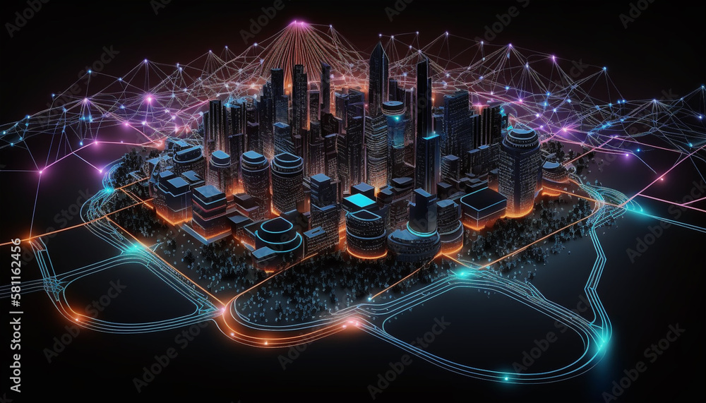 Smart city and abstract line and dot connect, Generative AI