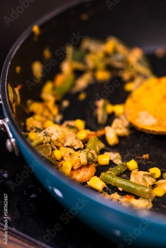 Meal for breakfast prepared on the casserole