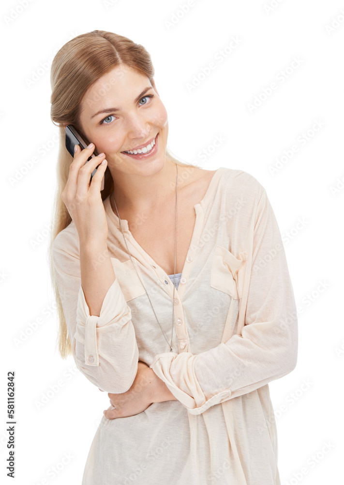 Always great to hear form you. Studio shot of a young woman talking on a mobile phone isolated on white. Always great to hear form you. Studio shot of a young woman talking on a mobile phone isolated on white.