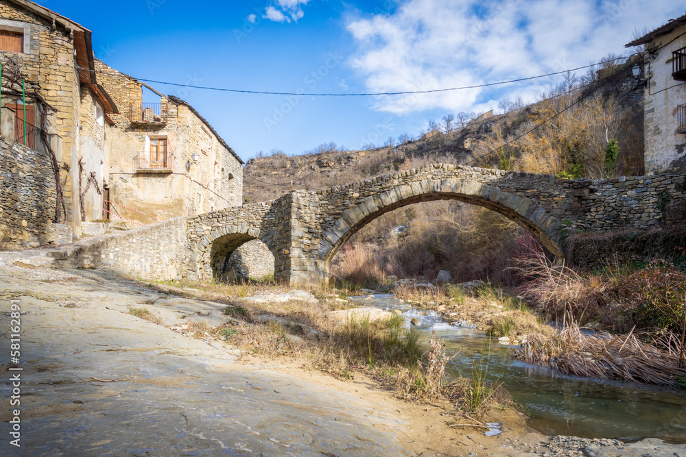 Montañana Huesca Aragon Spain Romanesque bridge and river that crosses the town