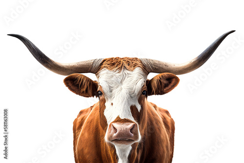 Texas Longhorn cow, front view cattle portrait isolated on transparent background, png cattle photo