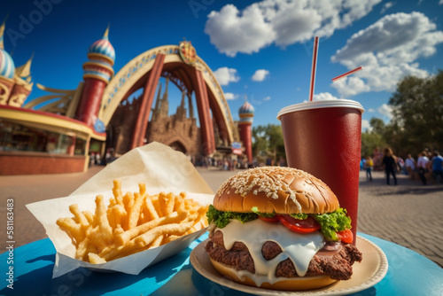 Delicious fast food hamburger, french fries and soda on background of theme park with attractions, Generative Ai