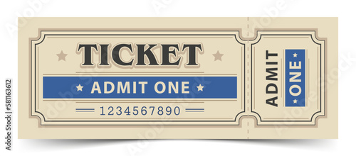 Ticket coupon for theater, cinema and concert performances in retro old style on a beige background with a blue stripe