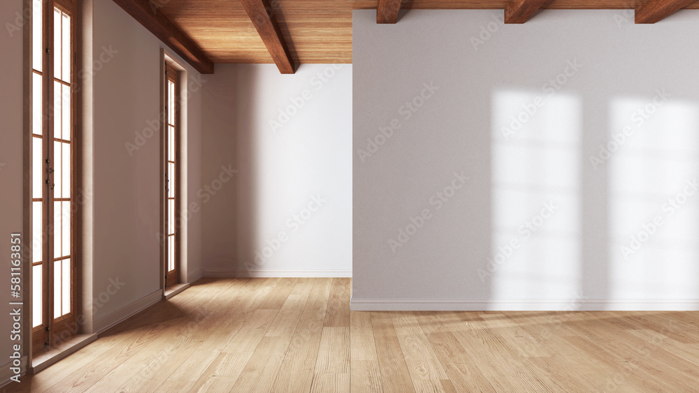 Empty room interior design, open space with oak parquet floor, classic windows, wooden ceiling and white walls, modern architecture concept idea - obrazy, fototapety, plakaty 