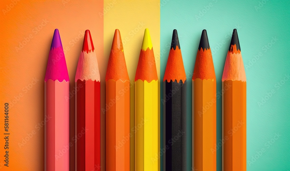 a row of colored pencils sitting next to each other on top of a colorful surface with a green, yellow, orange, and blue background. generative ai a row of colored pencils sitting next to each other on top of a colorful surface with a green, yellow, orange, and blue background. generative ai