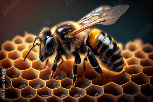 Extreme macro of a bee on a honeycomb. Generative ai © ako-photography