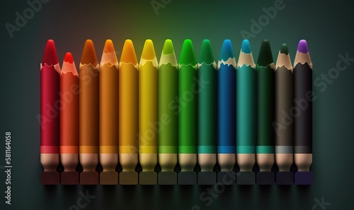  a row of different colored pencils with a dark background with a rainbow of crayons in the middle of the row, all of which are lined up. generative ai