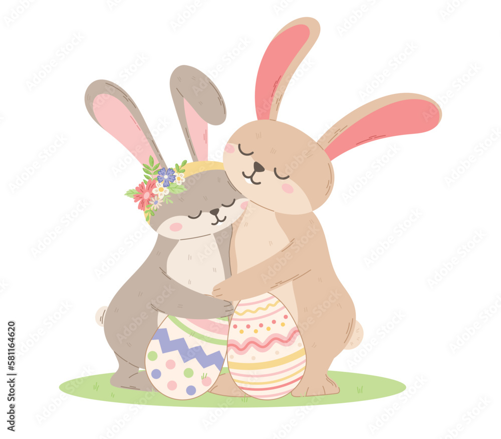 A couple of cute embracing hares with decorated Easter eggs. Vector isolated cartoon illustration. A couple of cute embracing hares with decorated Easter eggs. Vector isolated cartoon illustration.